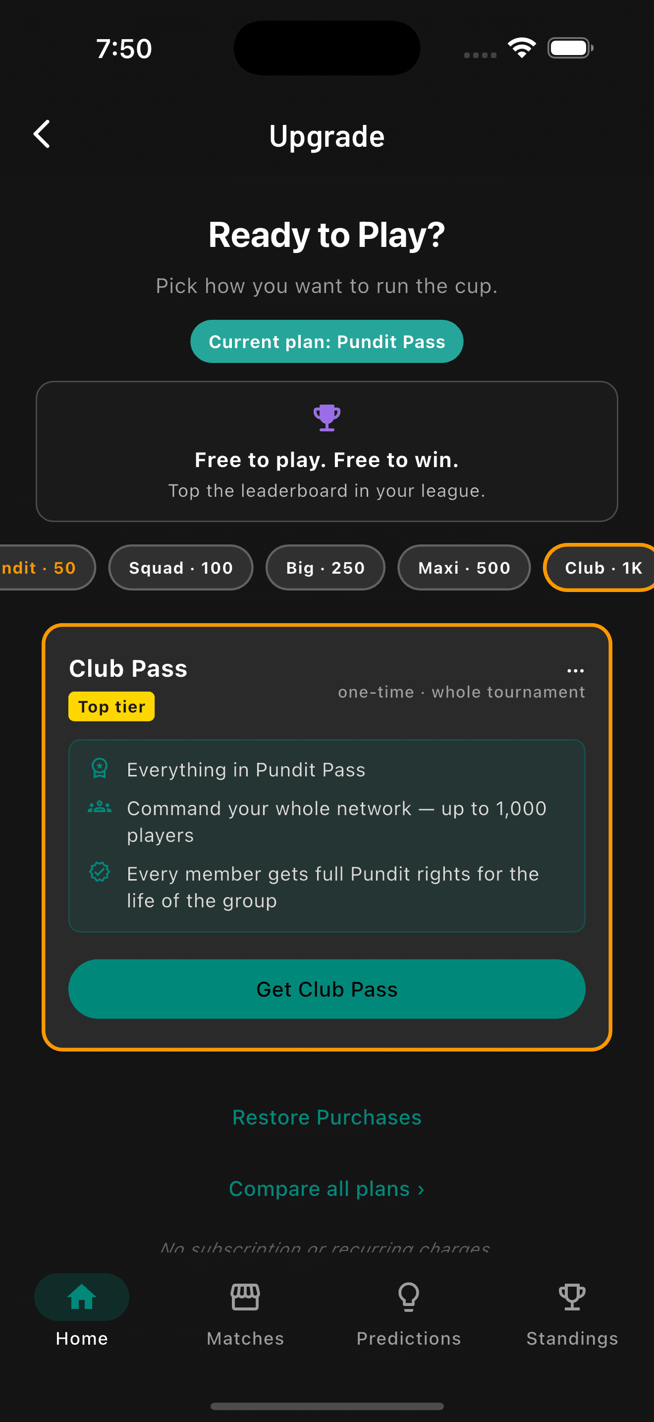 Club Pass selected on the BallDuty Football '26 upgrade screen