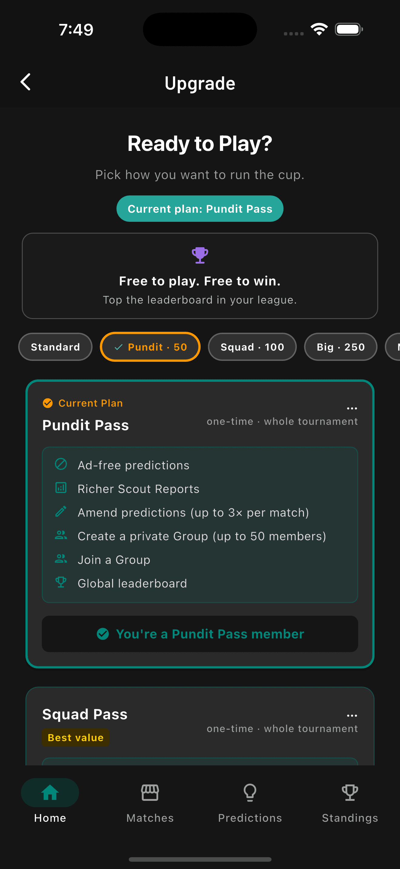 Pundit Pass selected on the BallDuty Football '26 upgrade screen