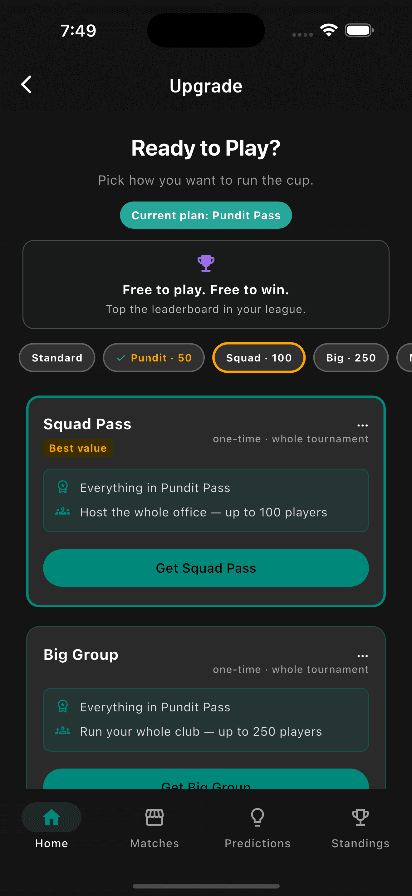 Squad Pass selected on the BallDuty Football '26 upgrade screen