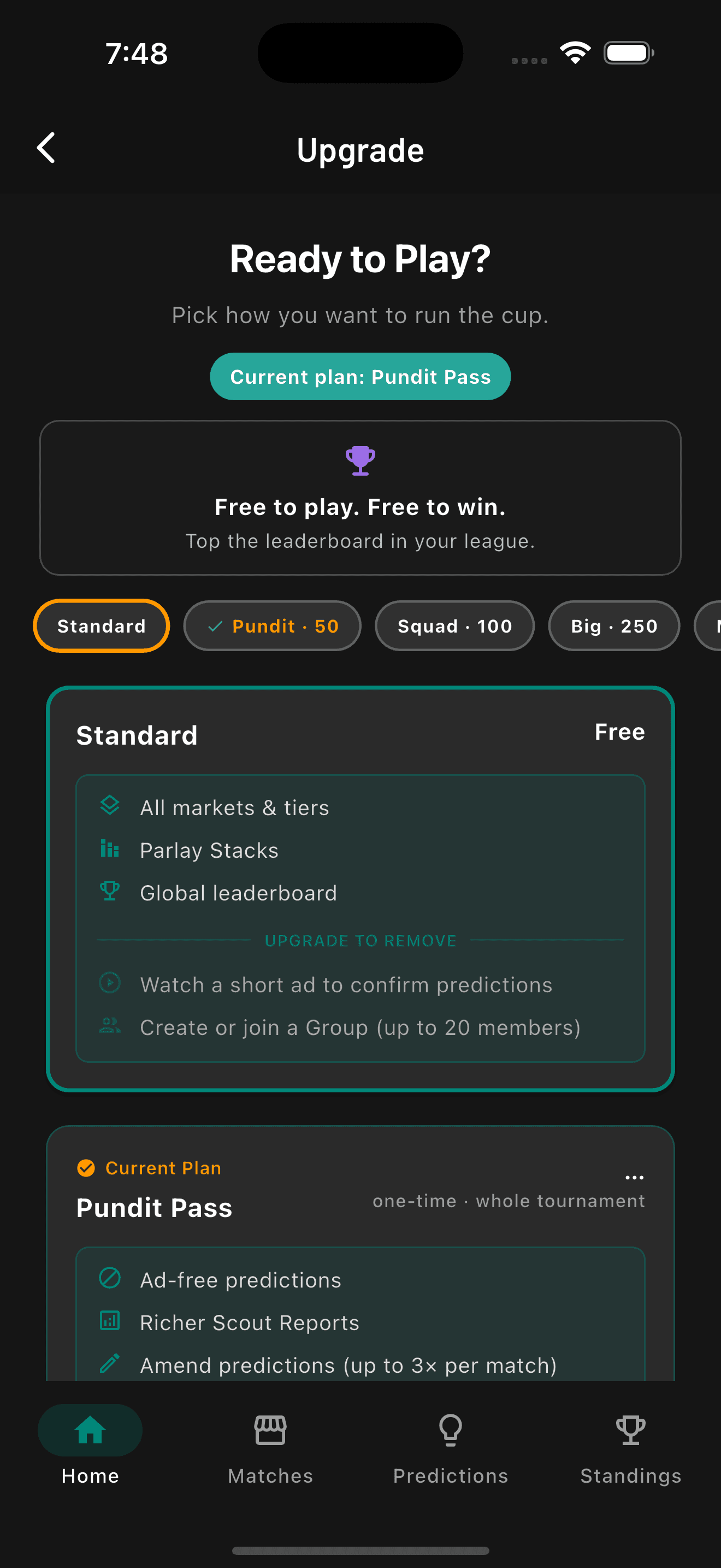 Standard (free) tier on the BallDuty Football '26 upgrade screen